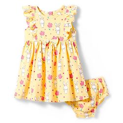 Babyhug Single Jersey Knit Frill Sleeves Frock with Bloomer & Bunny Print - Yellow