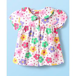 Babyhug Cotton Knit Half Sleeves Shorts Night Suit With  Floral Print - White
