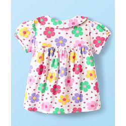 Babyhug Cotton Knit Half Sleeves Shorts Night Suit With  Floral Print - White