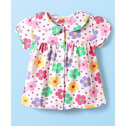 Babyhug Cotton Knit Half Sleeves Shorts Night Suit With  Floral Print - White