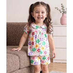 Babyhug Cotton Knit Half Sleeves Shorts Night Suit With  Floral Print - White