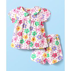 Babyhug Cotton Knit Half Sleeves Shorts Night Suit With  Floral Print - White