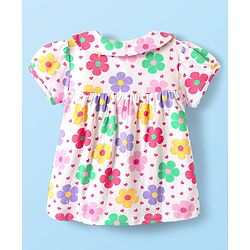 Babyhug Cotton Knit Half Sleeves Shorts Night Suit With  Floral Print - White