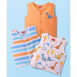 Babyhug 100% Cotton Sleeveless Front Open Stripes & Dino Printed Jhablas Pack Of 3 - Orange White & Light Blue