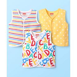 Babyhug 100% Cotton Knit Sleeveless Striped & Printed Jhablas Pack of 3 - White & Yellow