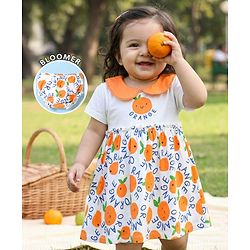 Babyhug Single Jersey Knit Half Sleeves Frock with Bloomer & Orange Print - White