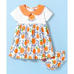 Babyhug Single Jersey Knit Half Sleeves Frock with Bloomer & Orange Print - White