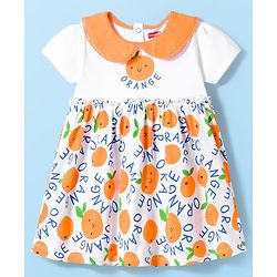 Babyhug Single Jersey Knit Half Sleeves Frock with Bloomer & Orange Print - White