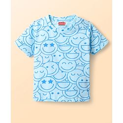 Babyhug Cotton Knit Half Sleeves Shorts Co-ord Night Suit With Smiley Print - Light Blue