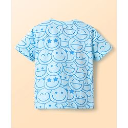 Babyhug Cotton Knit Half Sleeves Shorts Co-ord Night Suit With Smiley Print - Light Blue