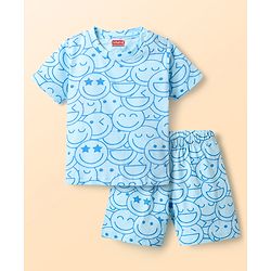 Babyhug Cotton Knit Half Sleeves Shorts Co-ord Night Suit With Smiley Print - Light Blue