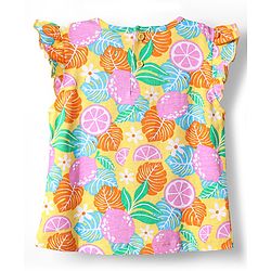 Babyhug Cotton Knit Frill Sleeves Shorts Night Suit With Tropical Theme Print - Multicolour