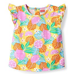Babyhug Cotton Knit Frill Sleeves Shorts Night Suit With Tropical Theme Print - Multicolour