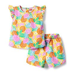 Babyhug Cotton Knit Frill Sleeves Shorts Night Suit With Tropical Theme Print - Multicolour