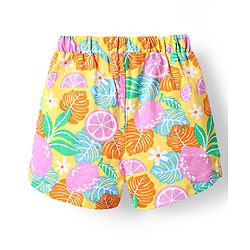 Babyhug Cotton Knit Frill Sleeves Shorts Night Suit With Tropical Theme Print - Multicolour