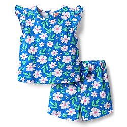 Babyhug Cotton Knit Frill Sleeves Shorts Night suit With Floral Print - Blue