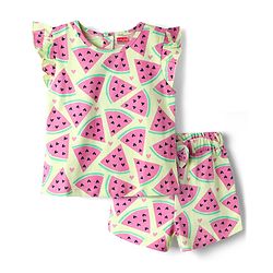 Babyhug Cotton Knit Frill Sleeves Co-ords Shorts Night Wear - Light Green