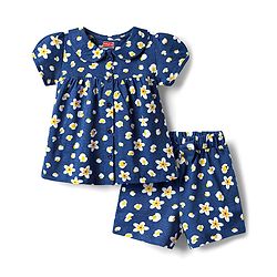 Babyhug 100% Cotton Knit Half Sleeves Co-ords Shorts Night Suit With Floral Print - Navy Blue