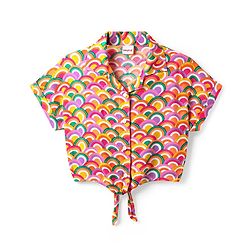 Babyhug Rayon Woven Half Sleeves Knotted Crop Top With Rainbow Print - Multicolor