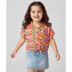 Babyhug Rayon Woven Half Sleeves Knotted Crop Top With Rainbow Print - Multicolor