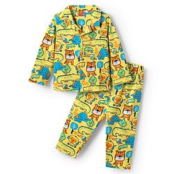 Babyhug Cotton Knit Full Sleeves Front Open Co-ords Night Suit with Jungle Theme Print - Yellow