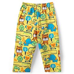 Babyhug Cotton Knit Full Sleeves Front Open Co-ords Night Suit with Jungle Theme Print - Yellow
