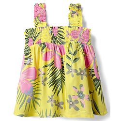 Babyhug Rayon Woven Sleeveless Top with Smocking & Floral Print - Yellow