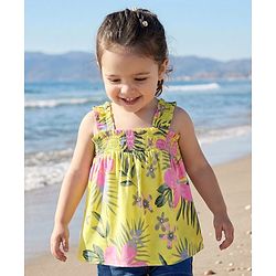 Babyhug Rayon Woven Sleeveless Top with Smocking & Floral Print - Yellow