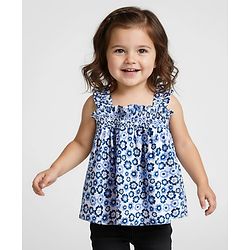 Babyhug Rayon Woven Sleeveless Top with Smocking & Floral Print - Light Blue
