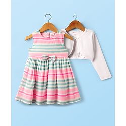 Babyhug Cotton Woven Striped Frock & Full Sleeves Shrug With Bow Applique - Multicolor