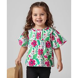 Babyhug Rayon Woven Half Frill Sleeves Top with Floral Print - White