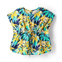 Babyhug Rayon Woven Half Sleeves Kaftan Top with Leaves Print - Navy Blue