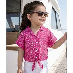 Babyhug Woven Half Sleeves Knotted Top with Floral Print - Dark Pink