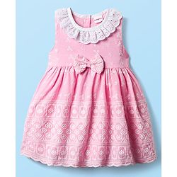 Babyhug Cotton Woven Sleeveless Floral Embroidered Frock With Lace Detailing & Bow Applique - Light Pink