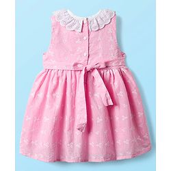 Babyhug Cotton Woven Sleeveless Floral Embroidered Frock With Lace Detailing & Bow Applique - Light Pink