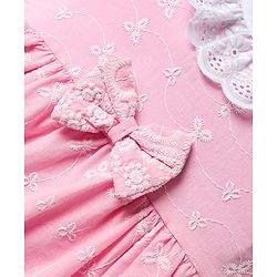 Babyhug Cotton Woven Sleeveless Floral Embroidered Frock With Lace Detailing & Bow Applique - Light Pink