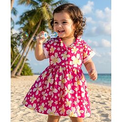 Babyhug Cotton Woven Half Sleeves Frock With Floral Print - Dark Pink