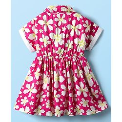 Babyhug Cotton Woven Half Sleeves Frock With Floral Print - Dark Pink