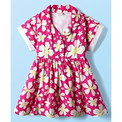 Babyhug Cotton Woven Half Sleeves Frock With Floral Print - Dark Pink