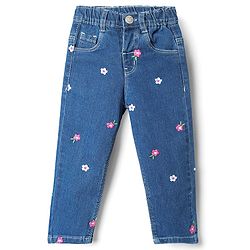 Babyhug Cotton Full Length Stretchable Denim Jeans with Floral Embroidery - Blue