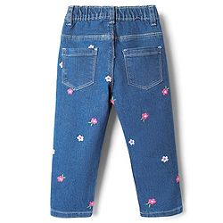 Babyhug Cotton Full Length Stretchable Denim Jeans with Floral Embroidery - Blue