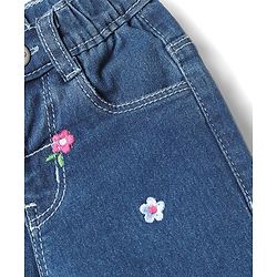 Babyhug Cotton Full Length Stretchable Denim Jeans with Floral Embroidery - Blue