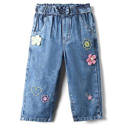 Babyhug Denim Full Length Washed Jeans with Stretch Bow & Floral Applique - Blue