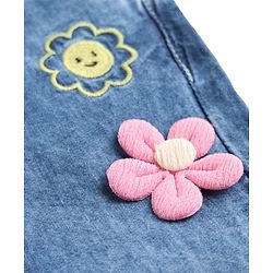 Babyhug Denim Full Length Washed Jeans with Stretch Bow & Floral Applique - Blue