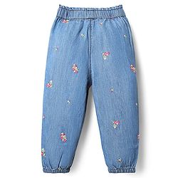Babyhug Full Length Denim Jeans with Stretch Bow Applique & Floral Embroidery - Blue