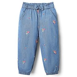 Babyhug Full Length Denim Jeans with Stretch Bow Applique & Floral Embroidery - Blue