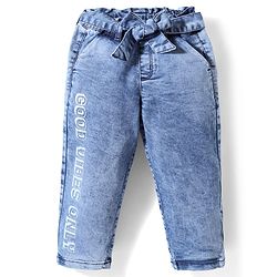 Babyhug Full Length Denim Jeans Washed with Stretch Bow Applique & Good Vibes Only Print - Blue