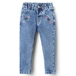 Babyhug Denim Full Length Jeans With Floral Embriodery - Blue