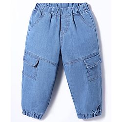 Babyhug Denim Full Length Washed Joggers With Stretch & Side Pockets - Blue