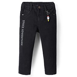Babyhug Full Length Denim Jeans Washed with Stretch Space Adventure Print & Rocket Applique - Black